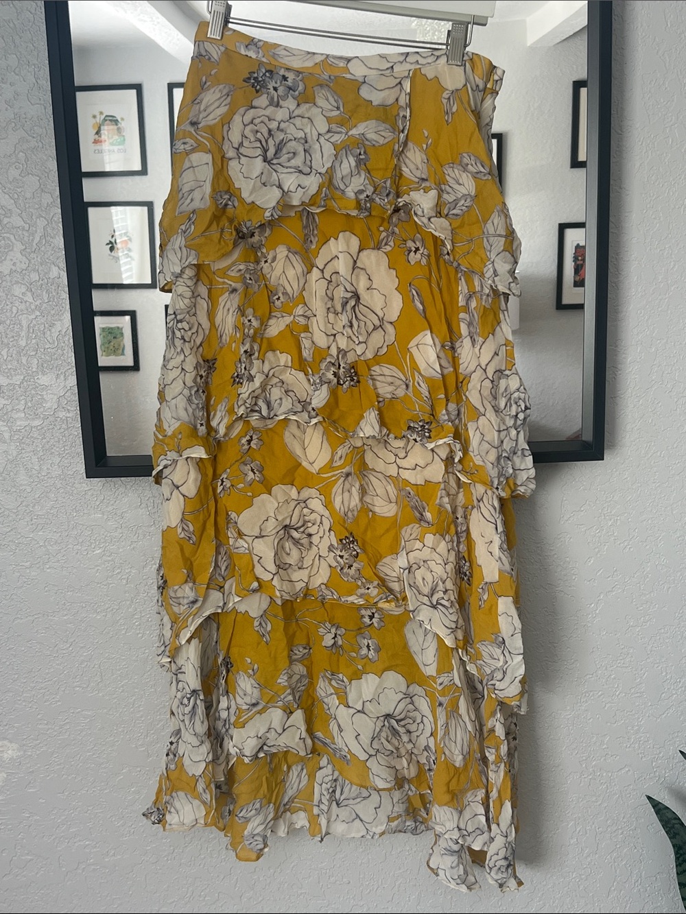 Anthropologie Mustard Yellow Floral High-Low Ruffle Maxi skirt